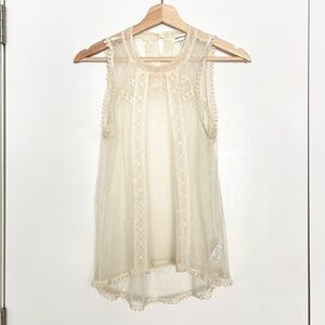 Monteau Los Angeles Women's Sheer Sleeveless Blouse Size M Ivory Lace Embroidery